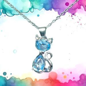 Silver Cat Necklace Blue Stones Crystal Ears Women Teens